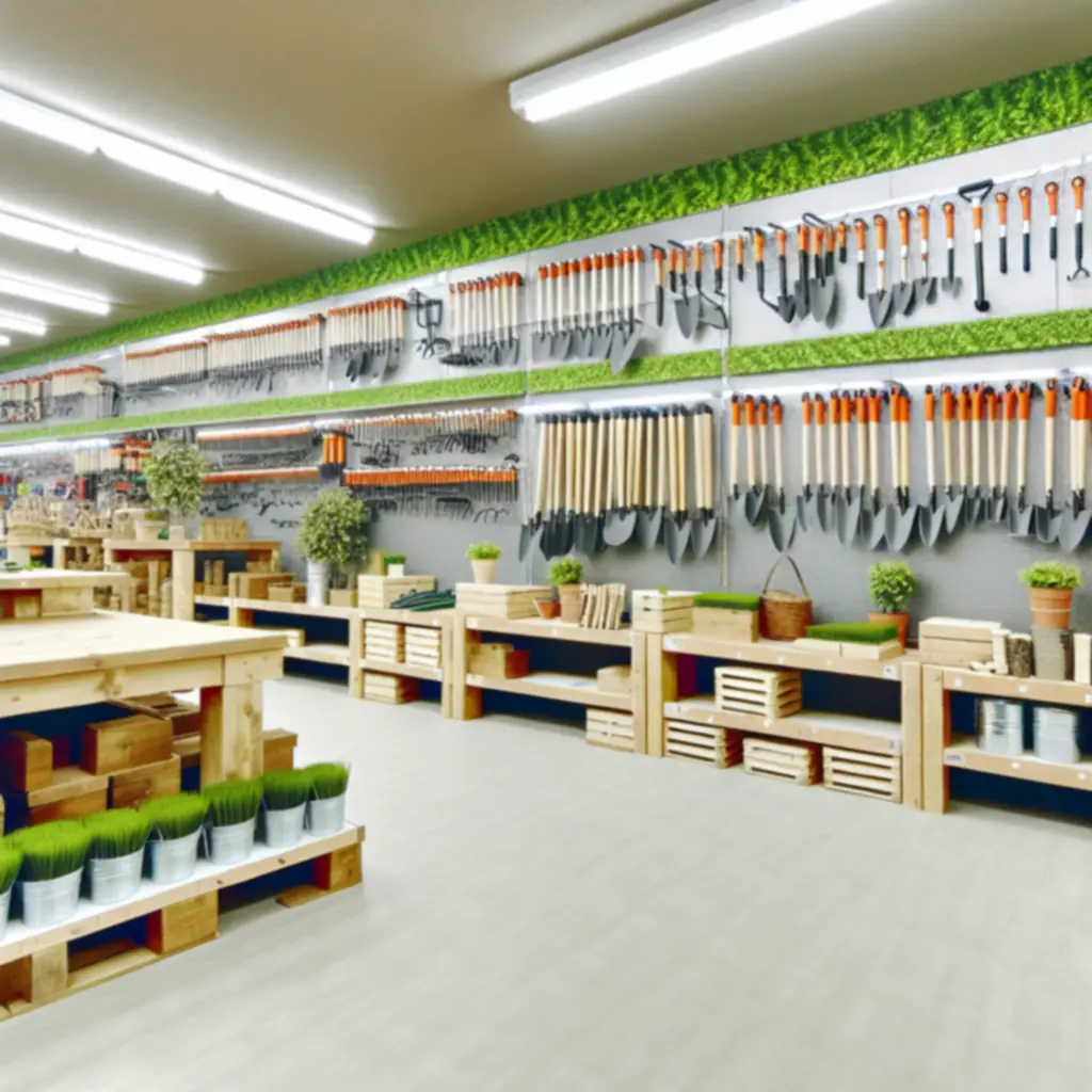 Wnętrze sklepu GardenToolPL z uporządkowaną ekspozycją narzędzi ogrodniczych