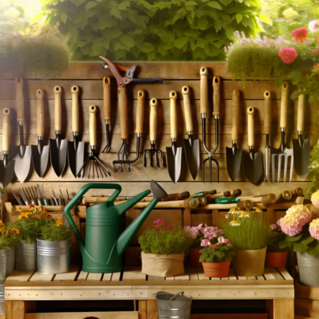 Zestaw narzędzi ogrodniczych na tle zielonego ogrodu