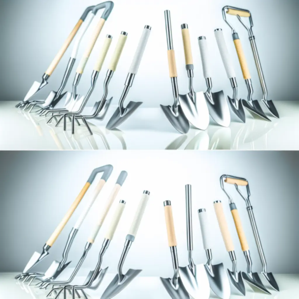 Nowe narzędzia ogrodnicze zaprezentowane na drewnianym stole