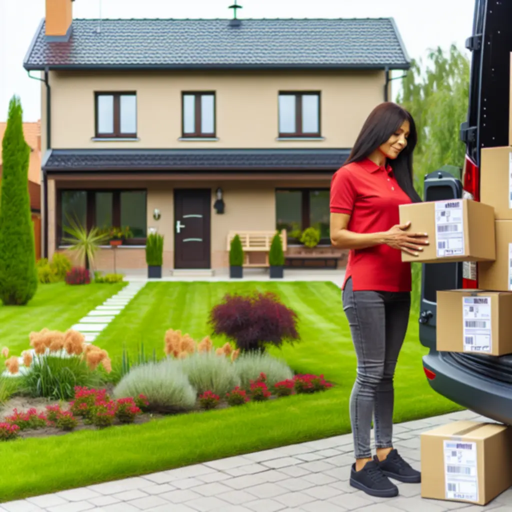 Kurier dostarczający przesyłkę z narzędziami ogrodniczymi